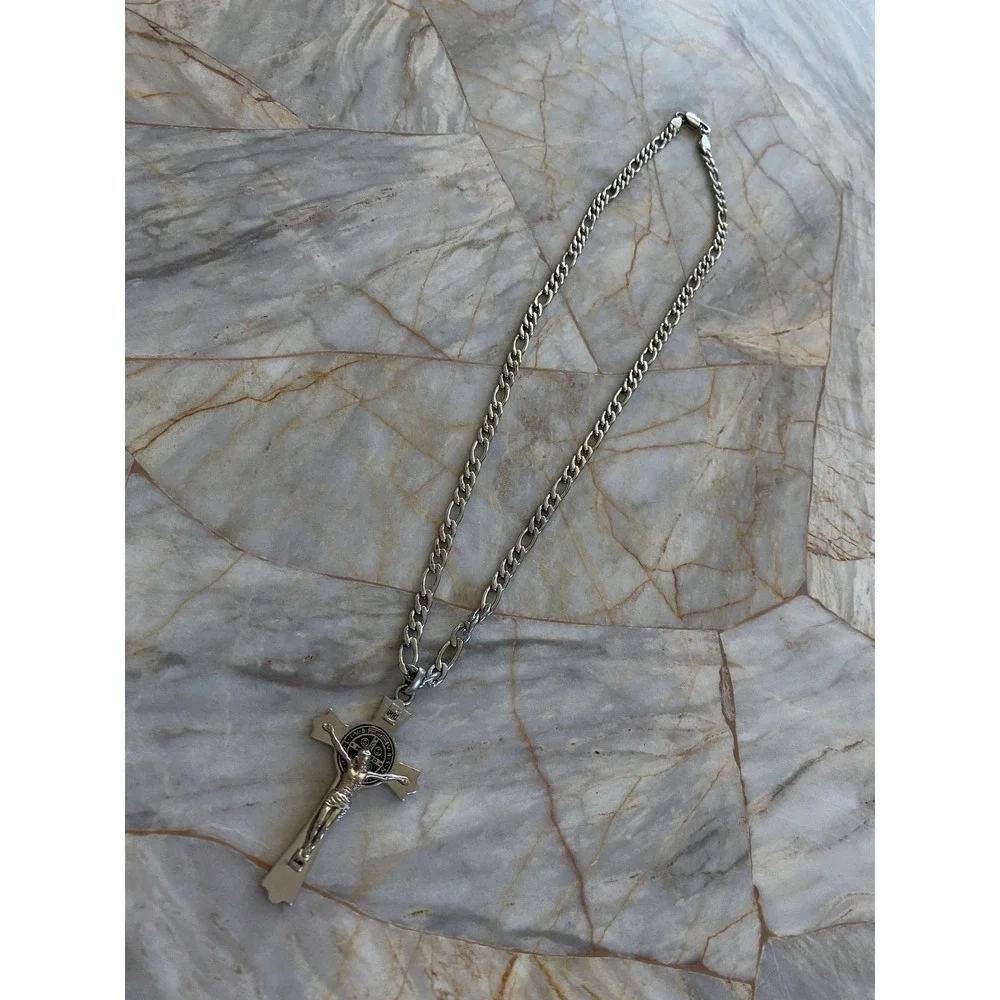 Silver Tone St Benedict Crucifix Pendant Necklace Figaro Chain Religious Jewelry